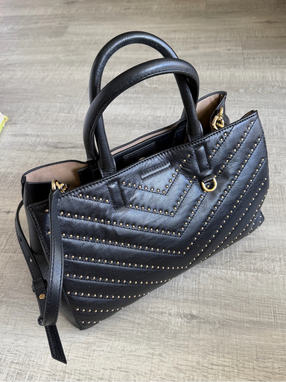 Banana Republic Black Quilted Studded Shoulder Tote with Gold Hardware